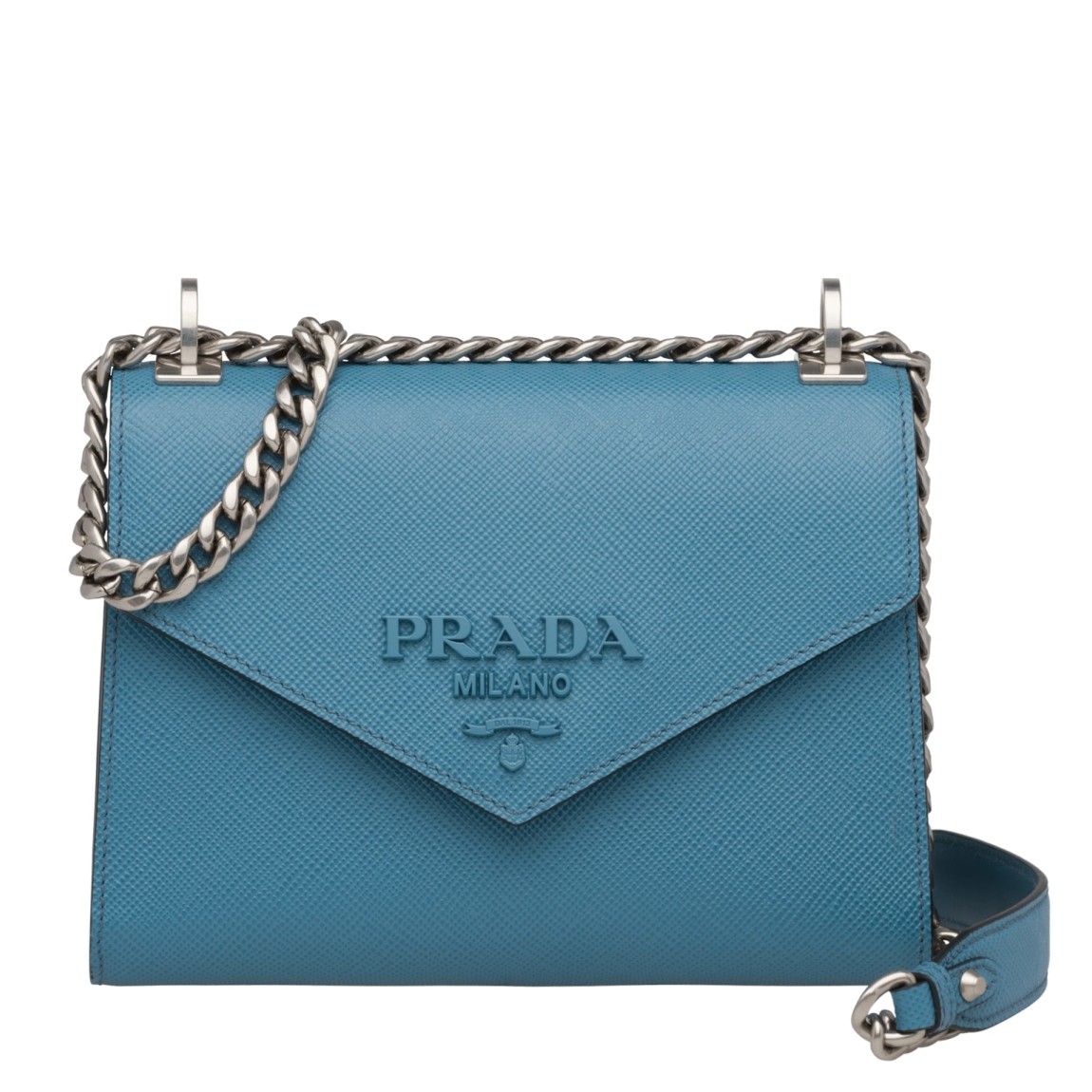 Pra*a monochrome flap bag in blue saffiano leather