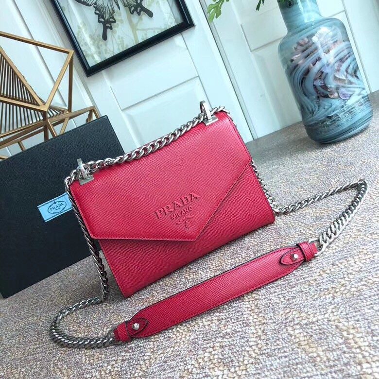 Pra*a monochrome flap bag in red saffiano leather