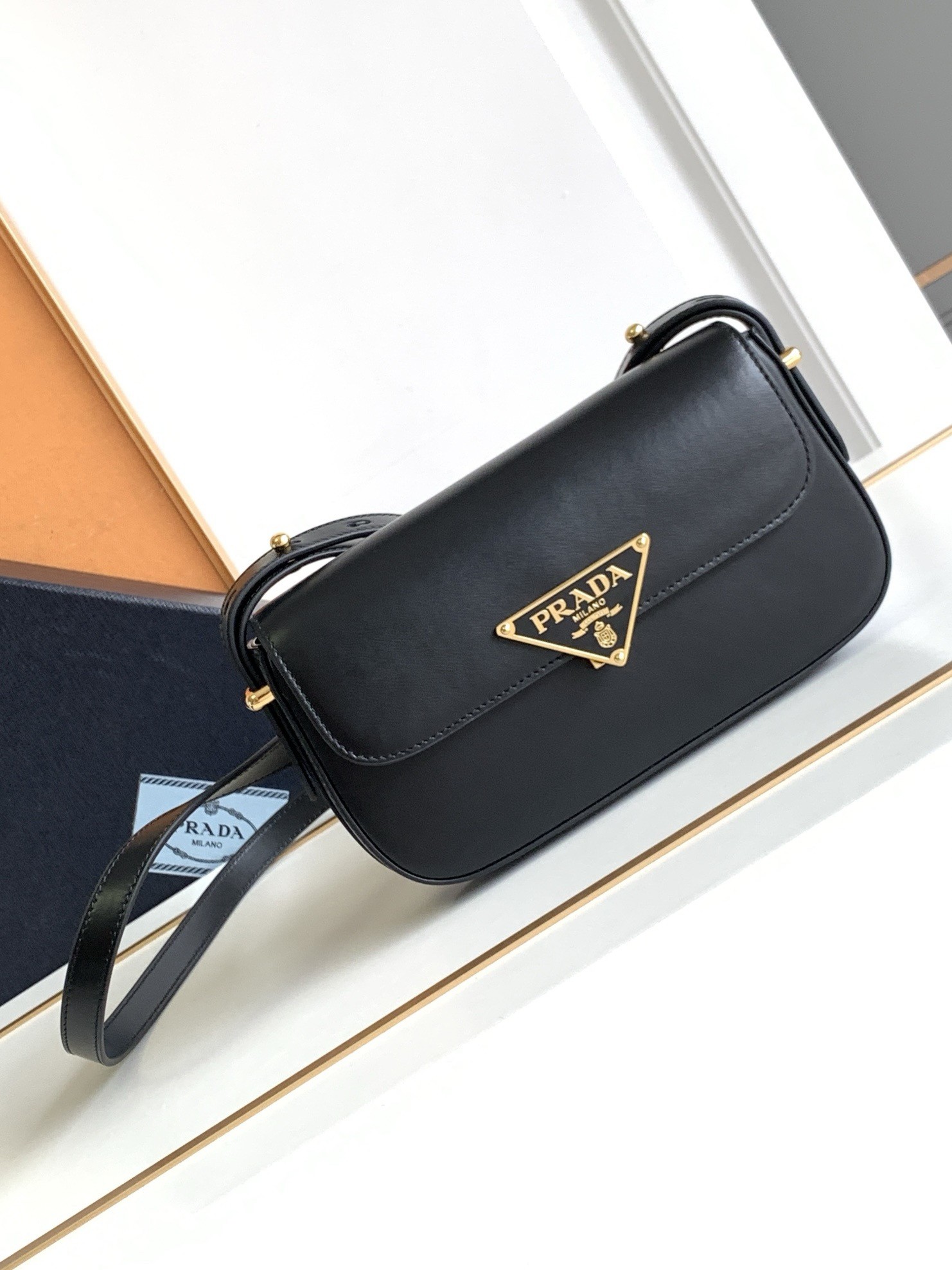 Pra*a shoulder bag in black smooth calfskin