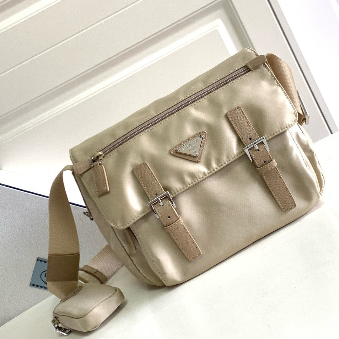 Pra*a shoulder bag with flap in beige re-nylon