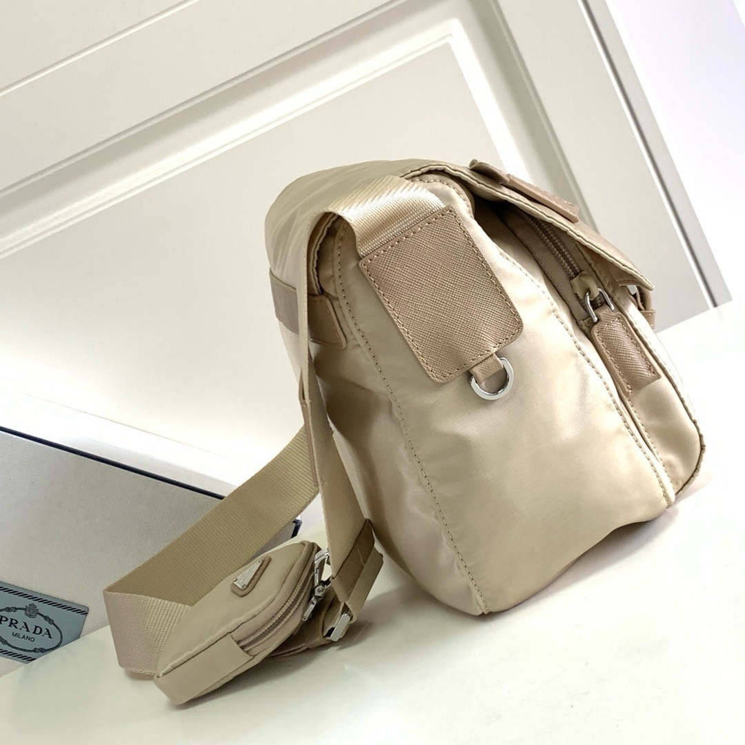 Pra*a shoulder bag with flap in beige re-nylon