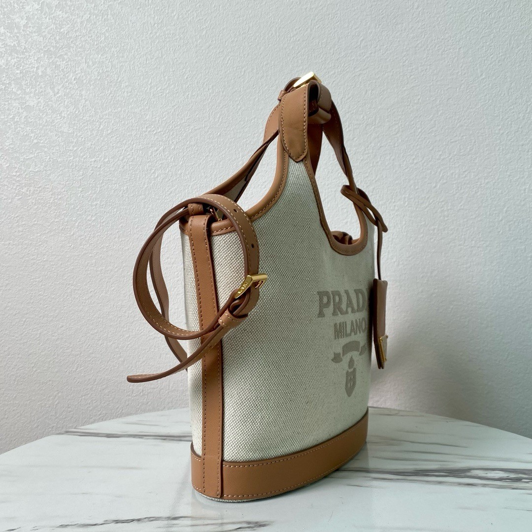 Pra*a mini buckle bag in linen blend and leather