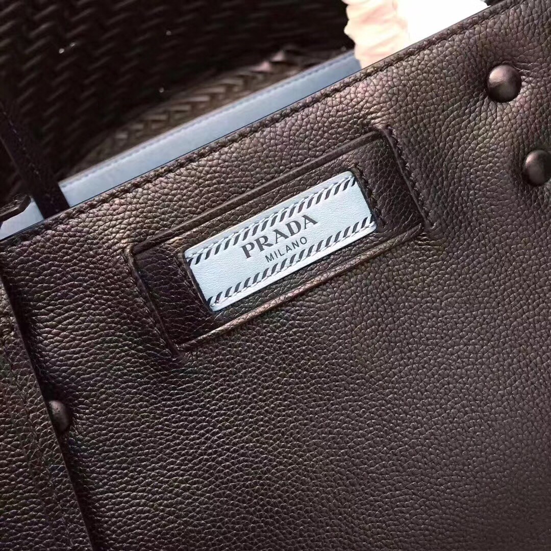 Pra*a black etiquette calfskin tote with metal stud trim