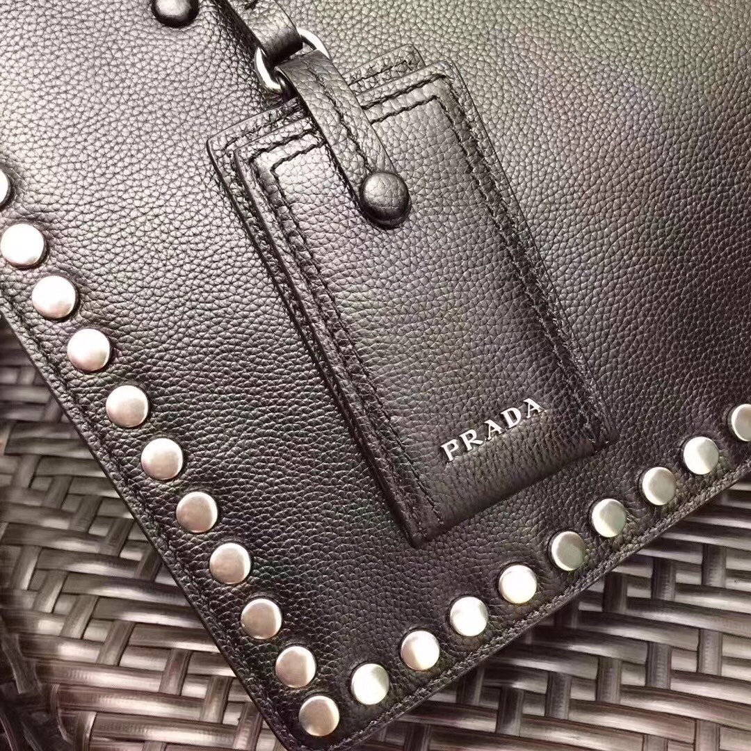 Pra*a black etiquette calfskin tote with metal stud trim