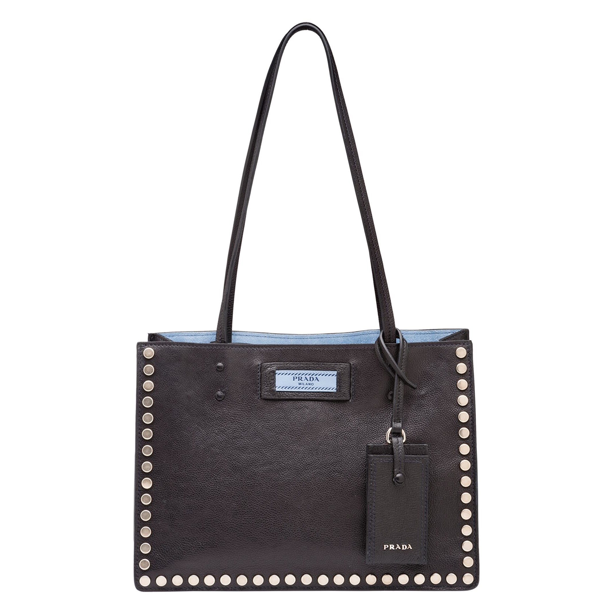 Pra*a black etiquette calfskin tote with metal stud trim