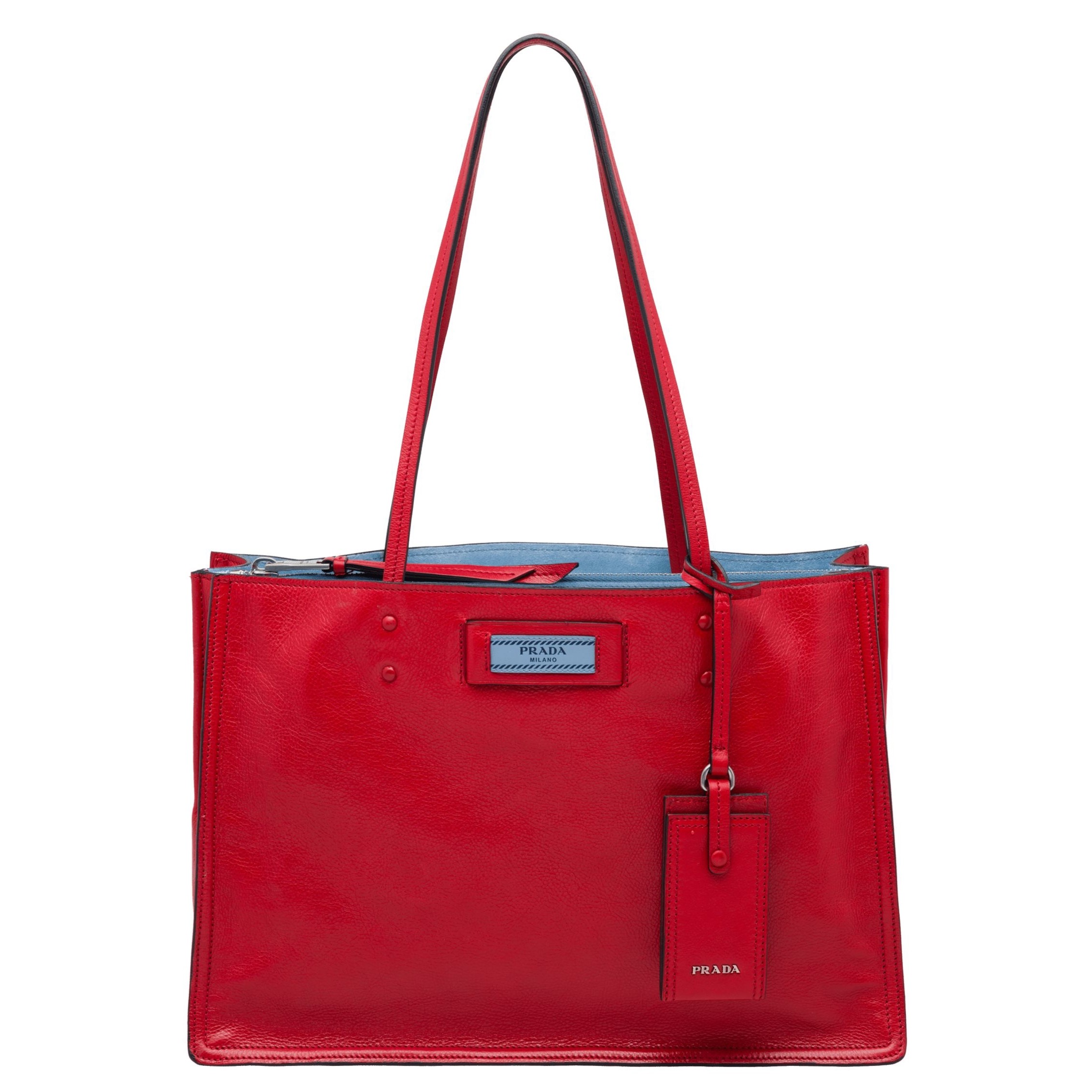 Pra*a etiquette tote bag in red calf leather