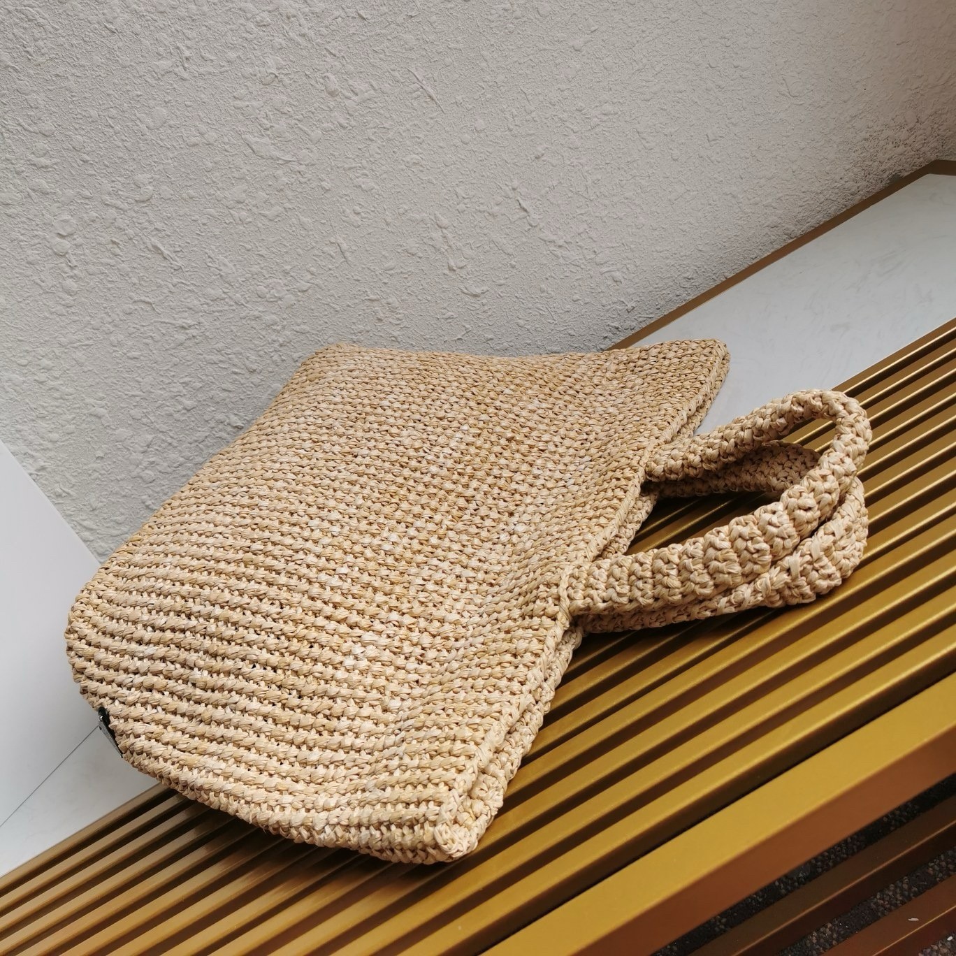 Pra*a large crochet tote bag in beige raffia-effect yarn