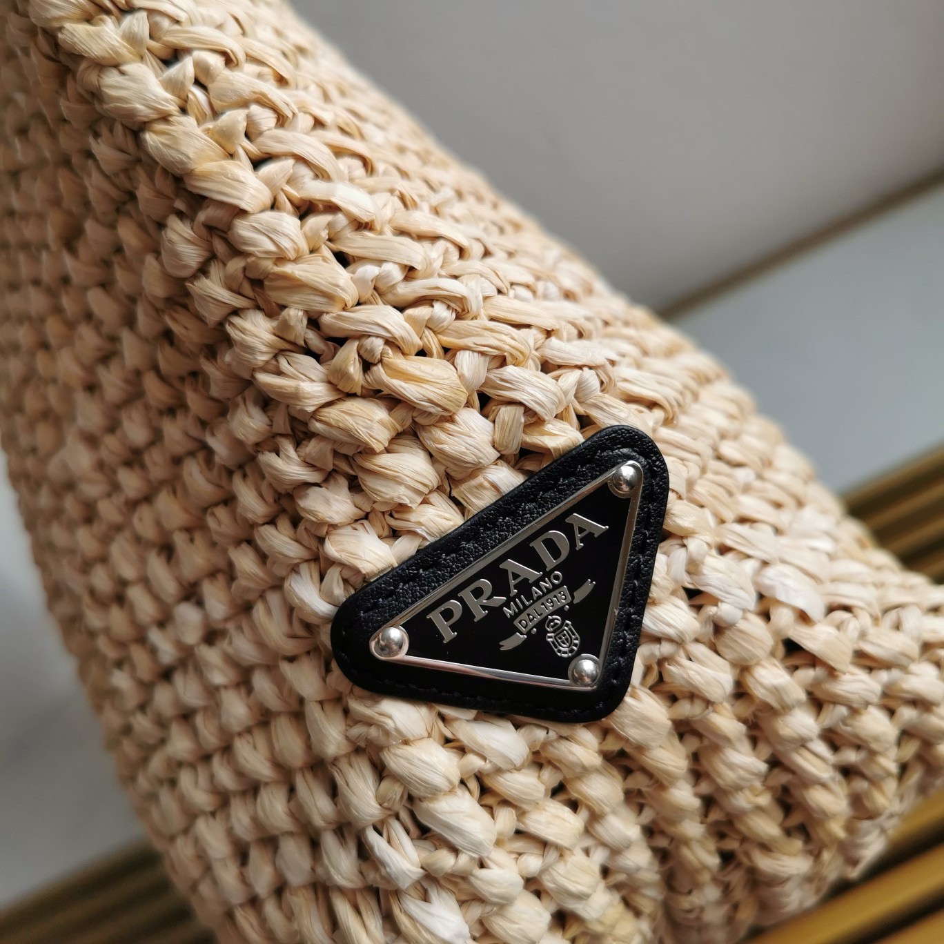 Pra*a large crochet tote bag in beige raffia-effect yarn