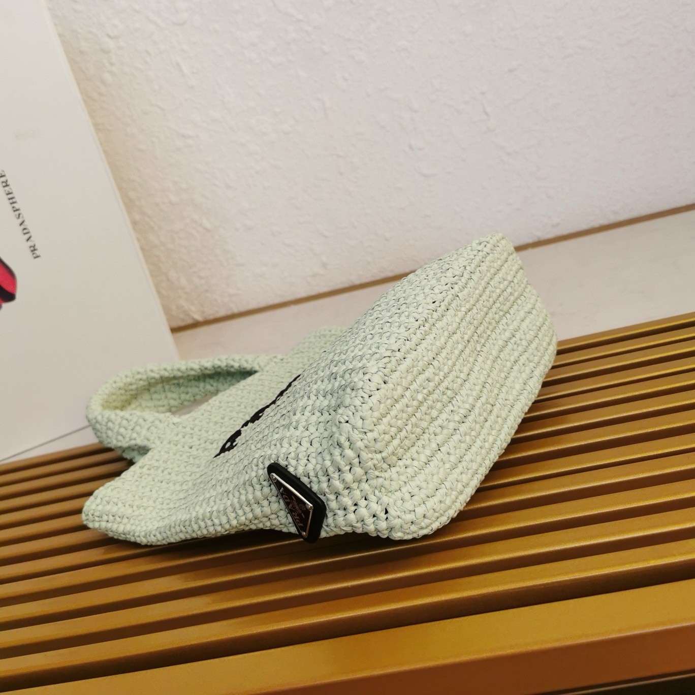 Pra*a small crochet tote bag in aqua raffia-effect yarn