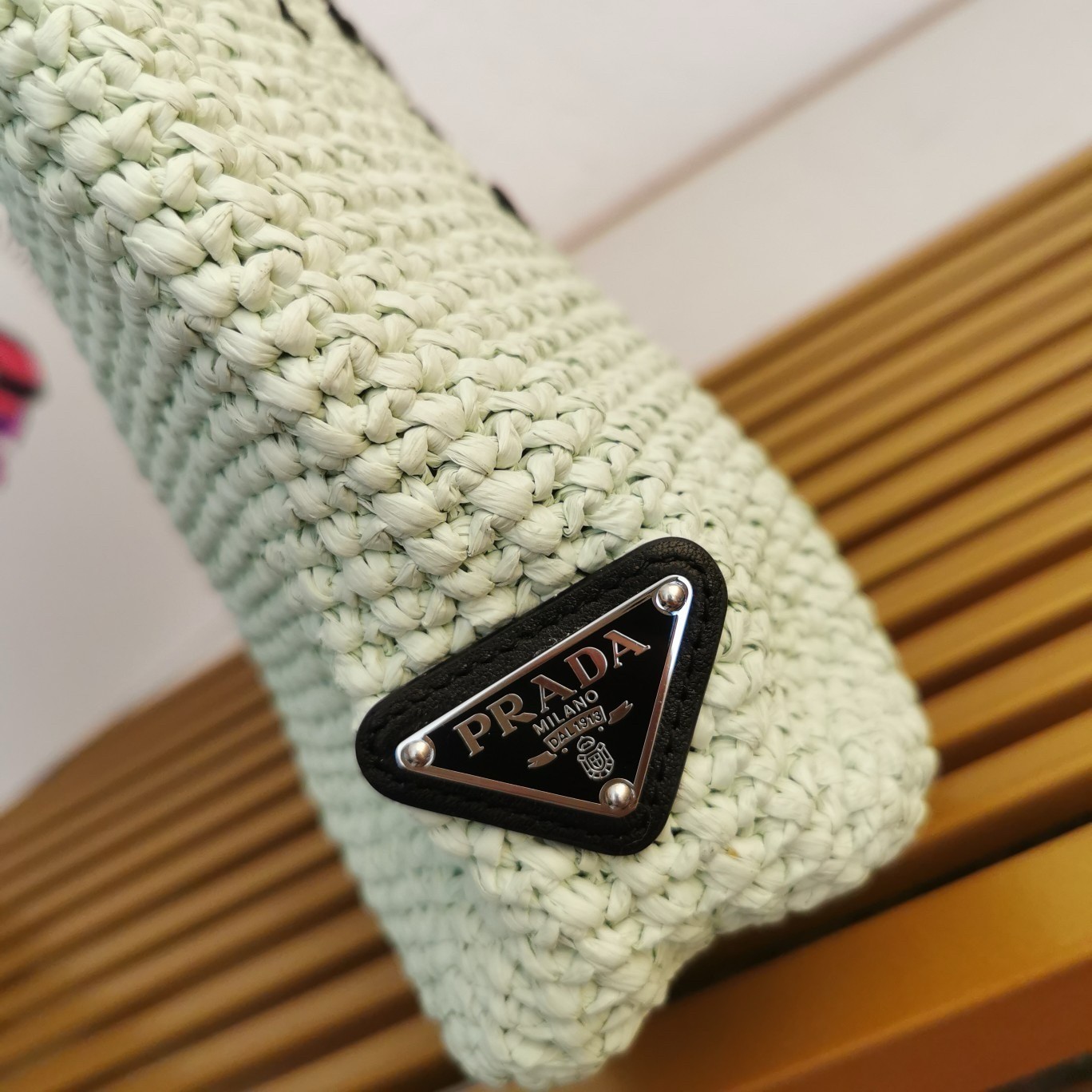 Pra*a small crochet tote bag in aqua raffia-effect yarn