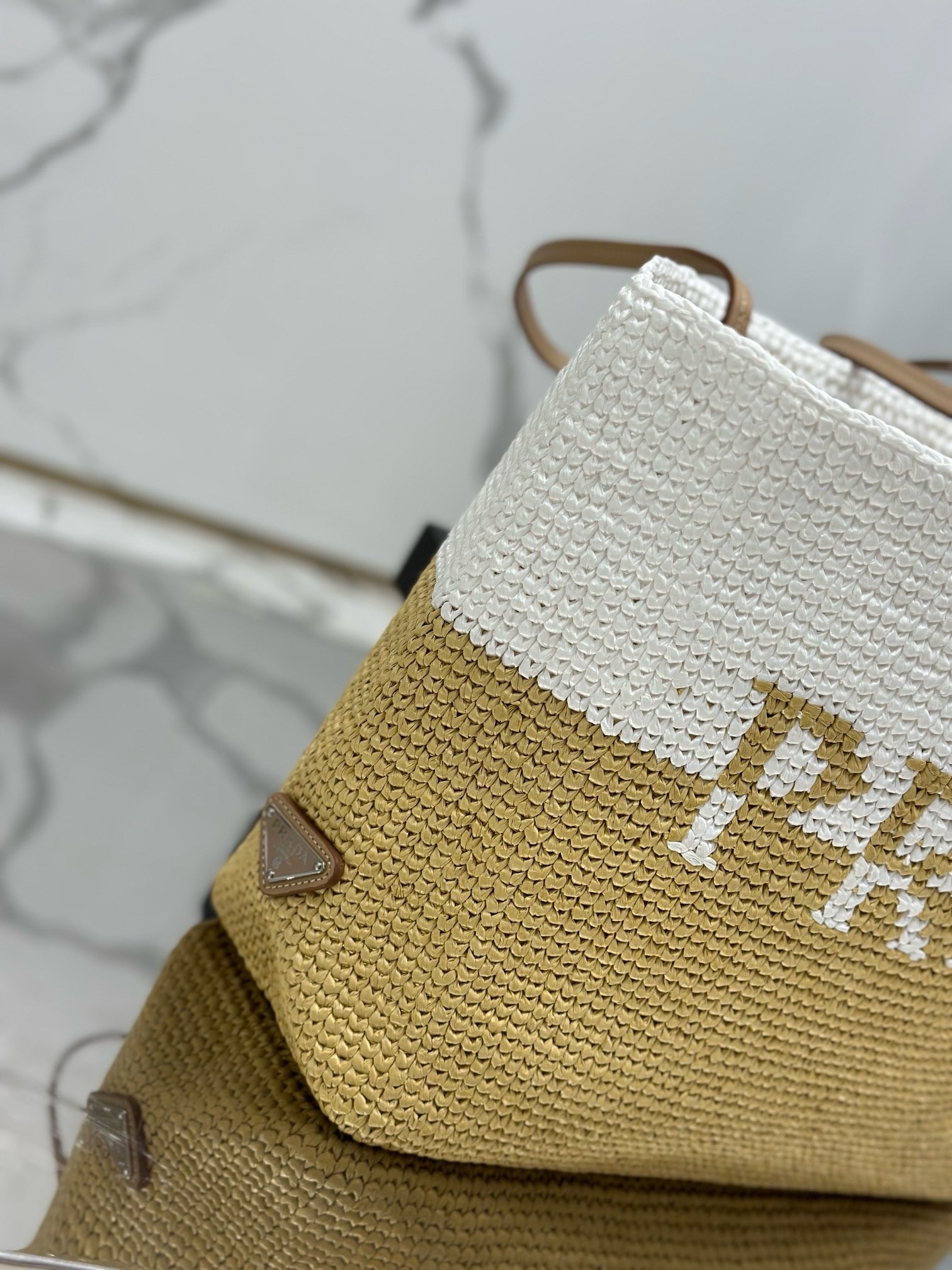 Pra*a crochet large tote bag in beige/white raffia-effect yarn