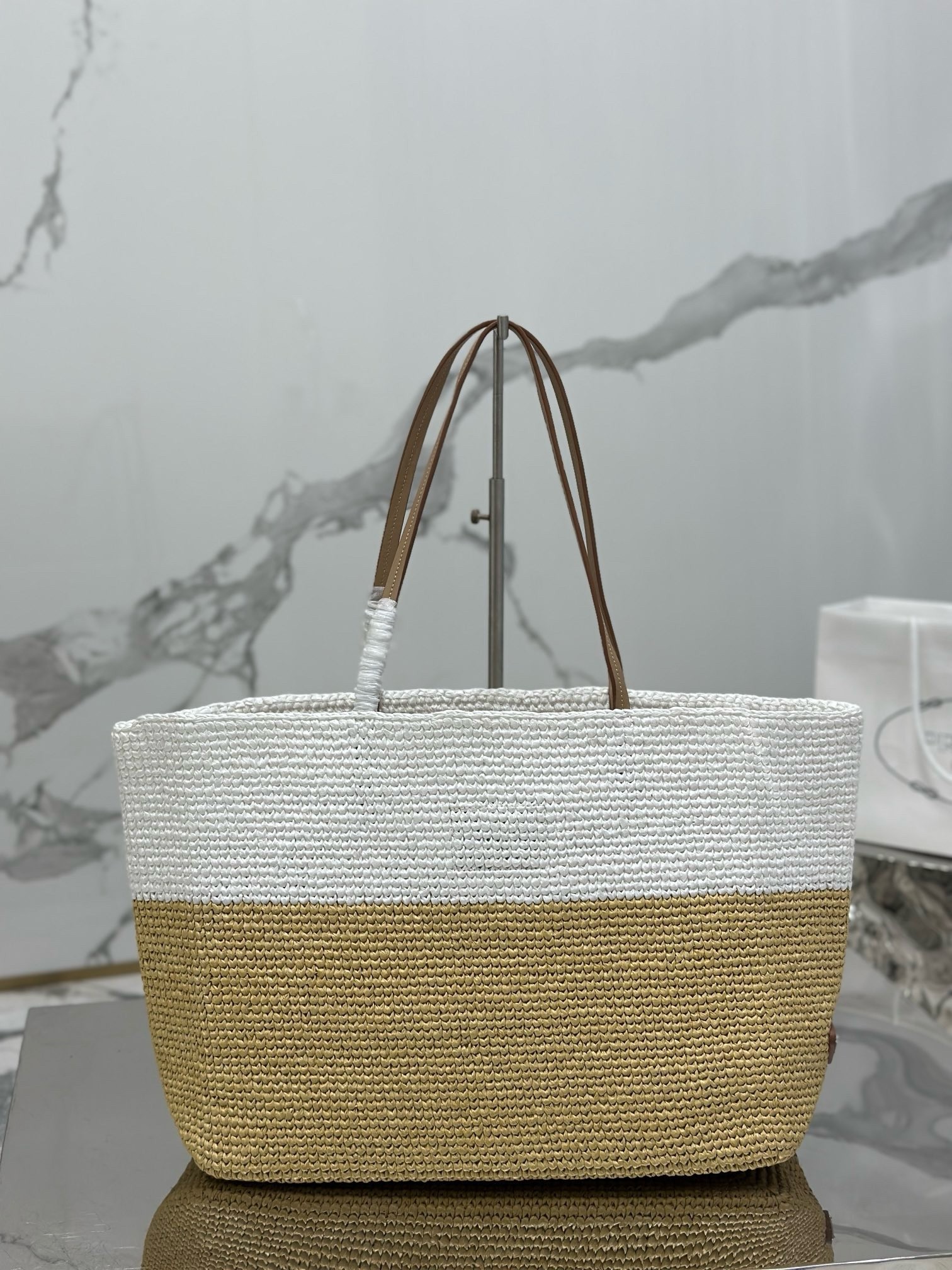 Pra*a crochet large tote bag in beige/white raffia-effect yarn
