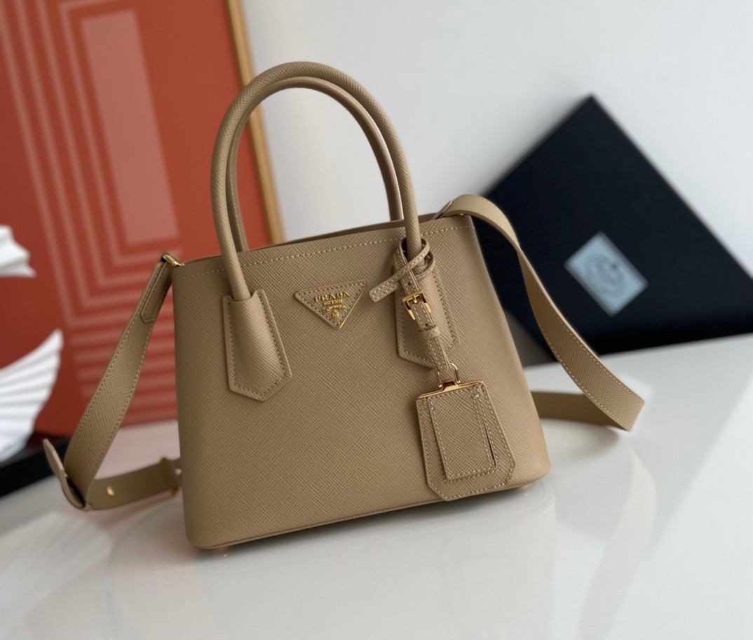 Pra*a double mini bag in beige saffiano leather