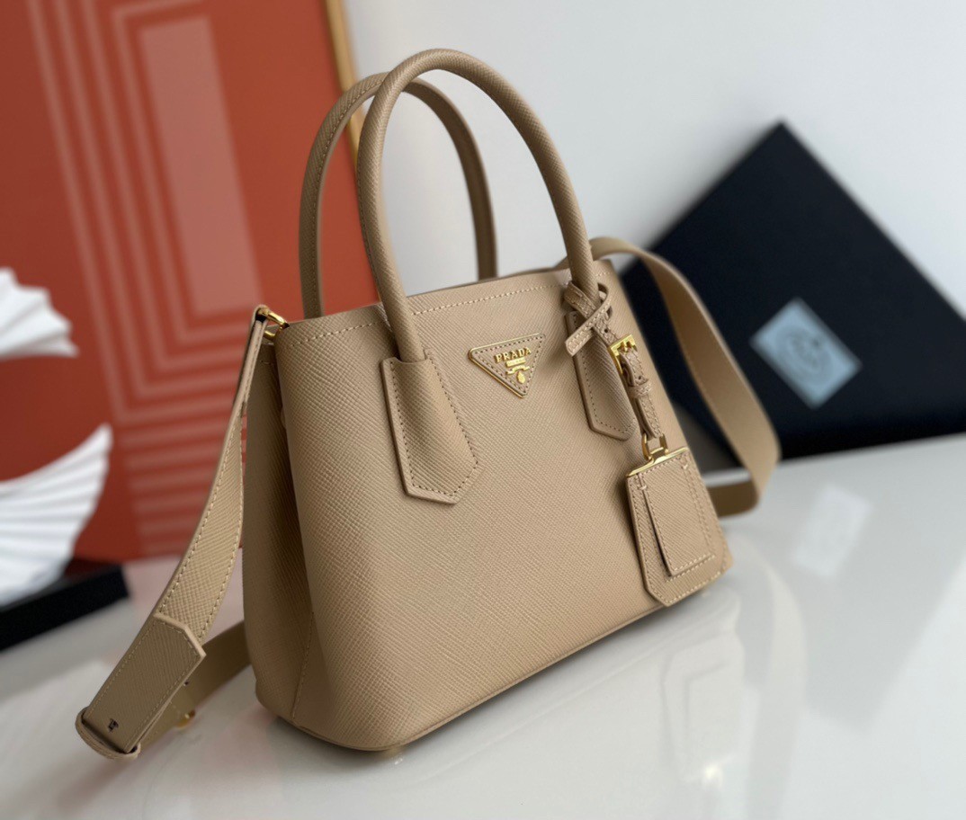 Pra*a double mini bag in beige saffiano leather