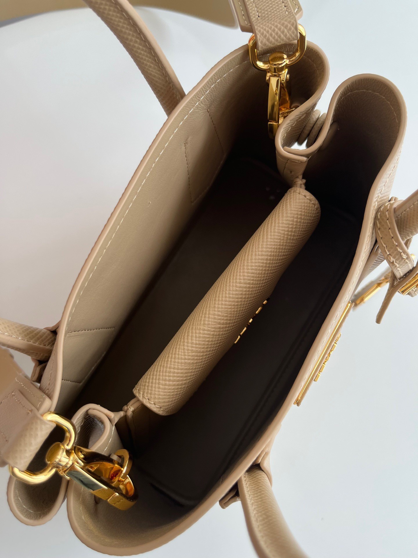 Pra*a double mini bag in beige saffiano leather