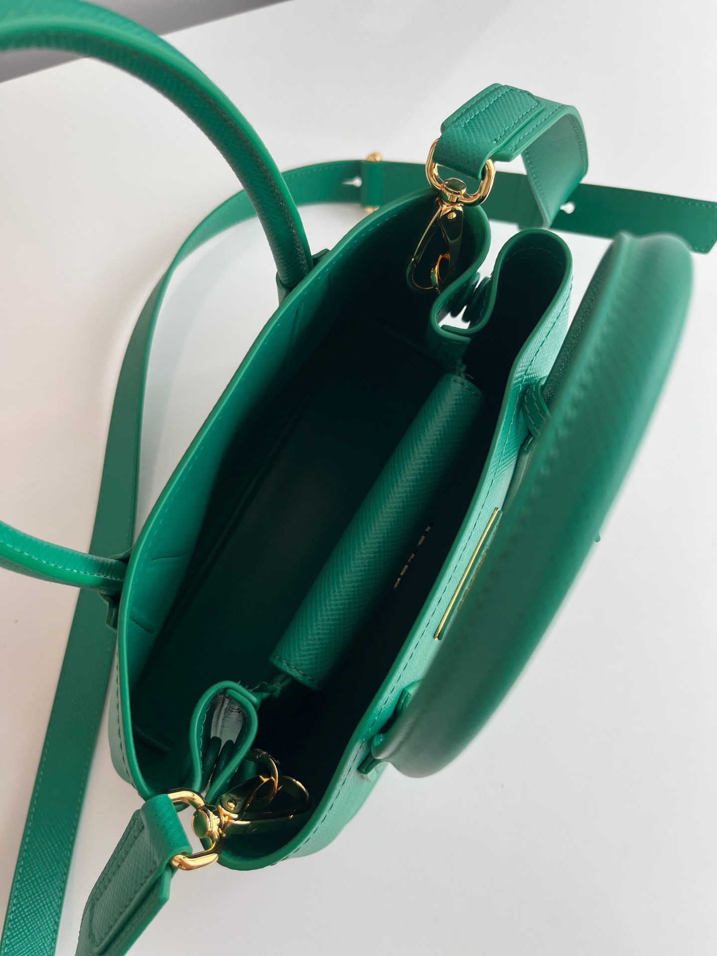 Pra*a double mini bag in green saffiano leather