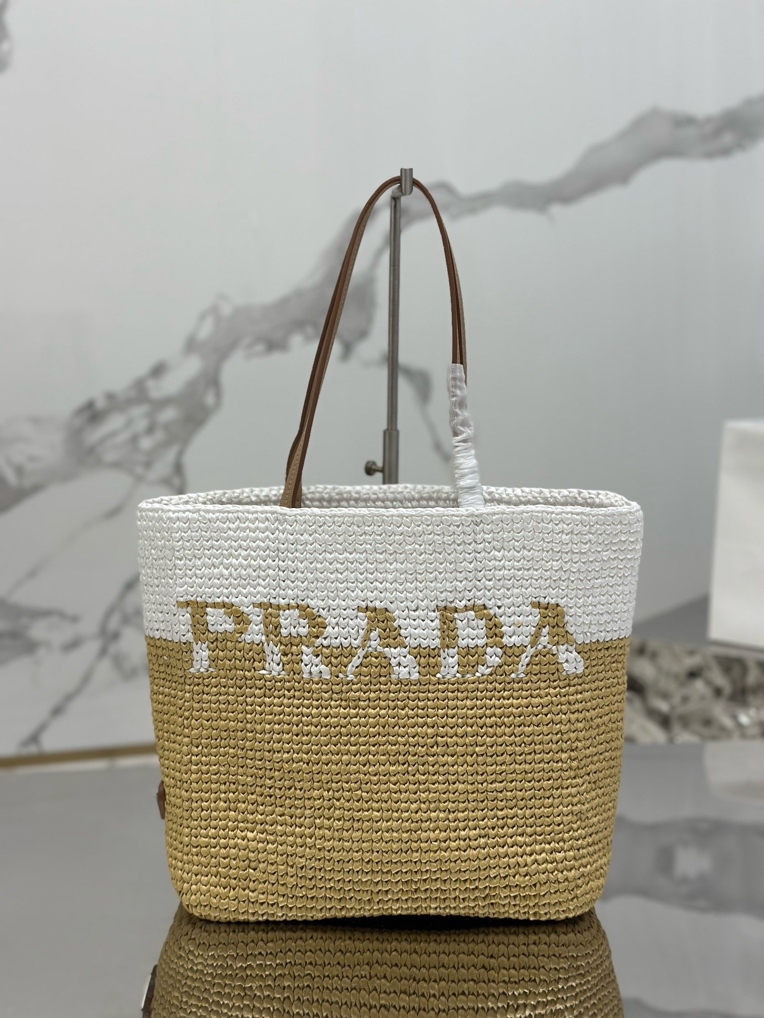 Pra*a crochet small tote bag in beige/white raffia-effect yarn