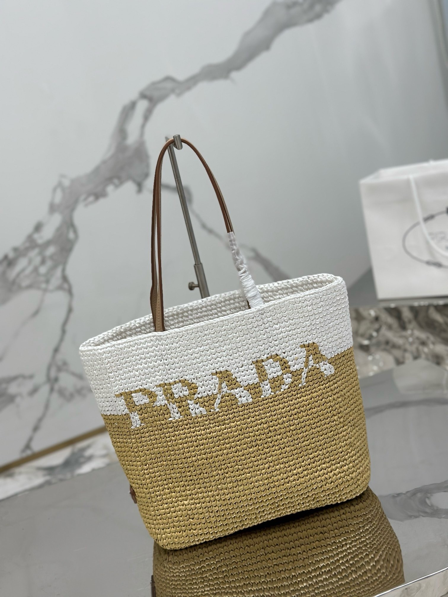 Pra*a crochet small tote bag in beige/white raffia-effect yarn