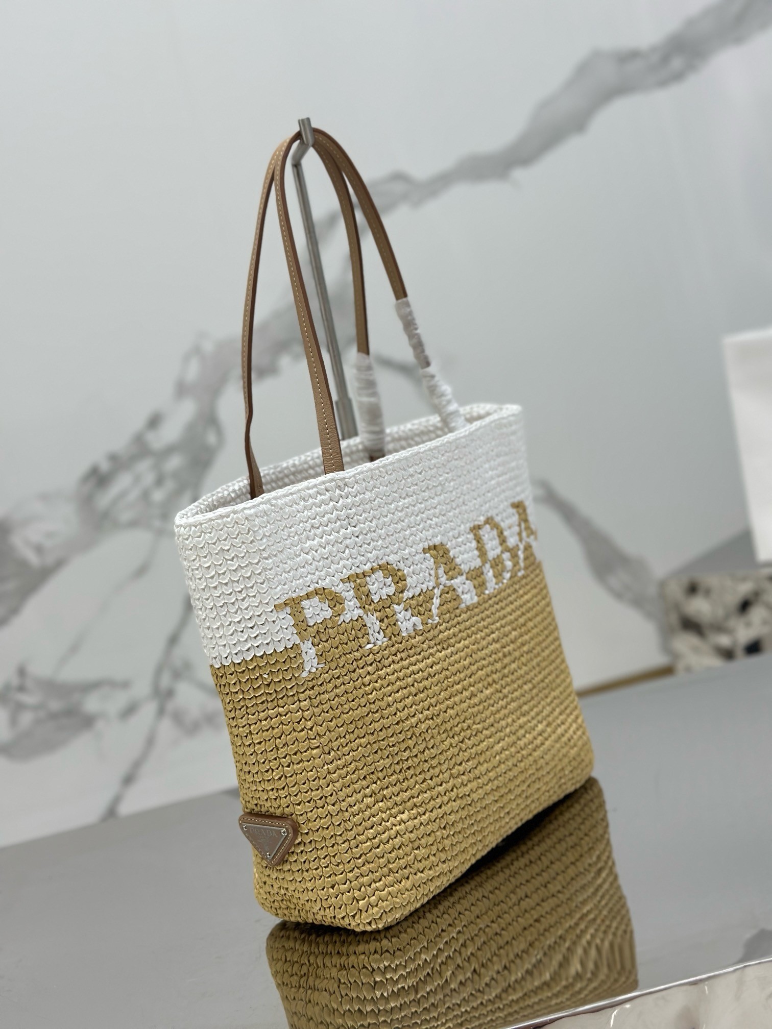 Pra*a crochet small tote bag in beige/white raffia-effect yarn