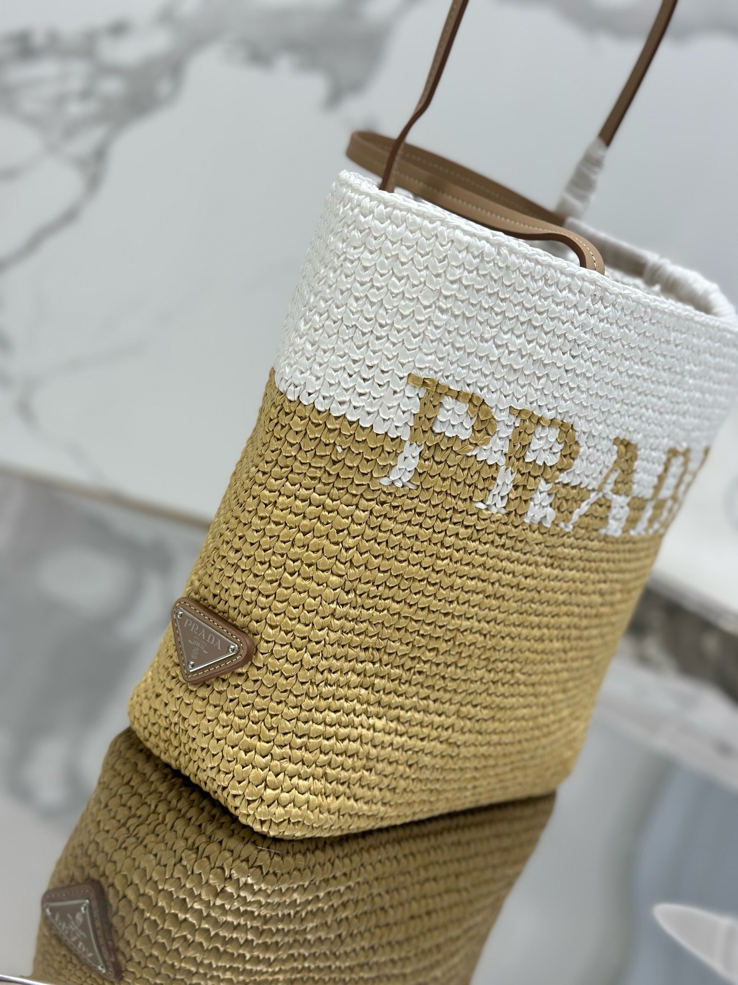 Pra*a crochet small tote bag in beige/white raffia-effect yarn
