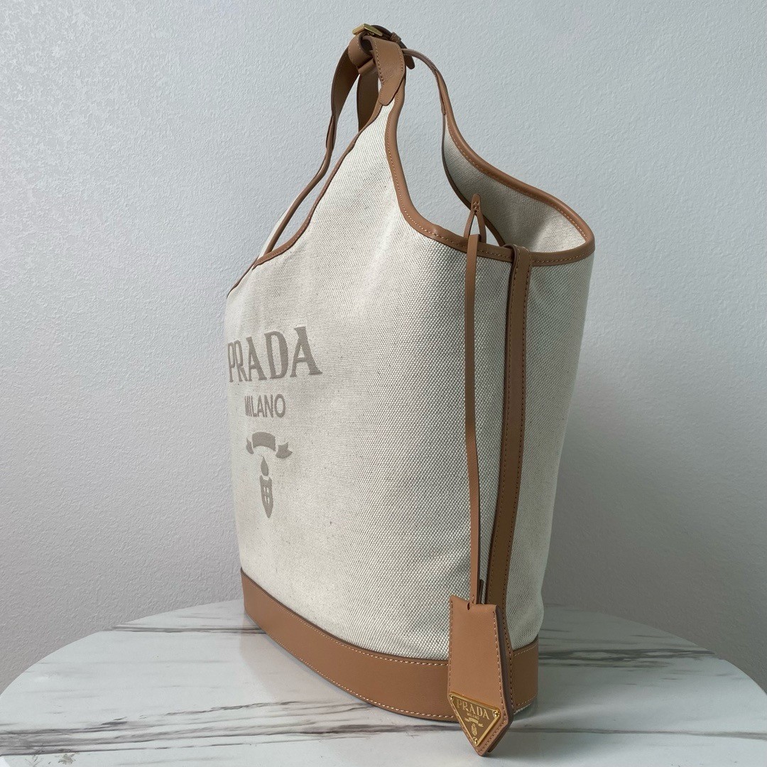 Pra*a large tote bag in linen blend and leather