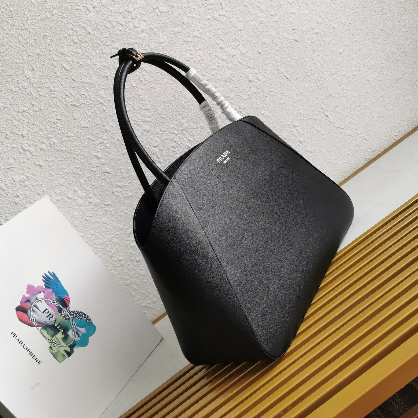 Pra*a large tote bag in black smooth calfskin