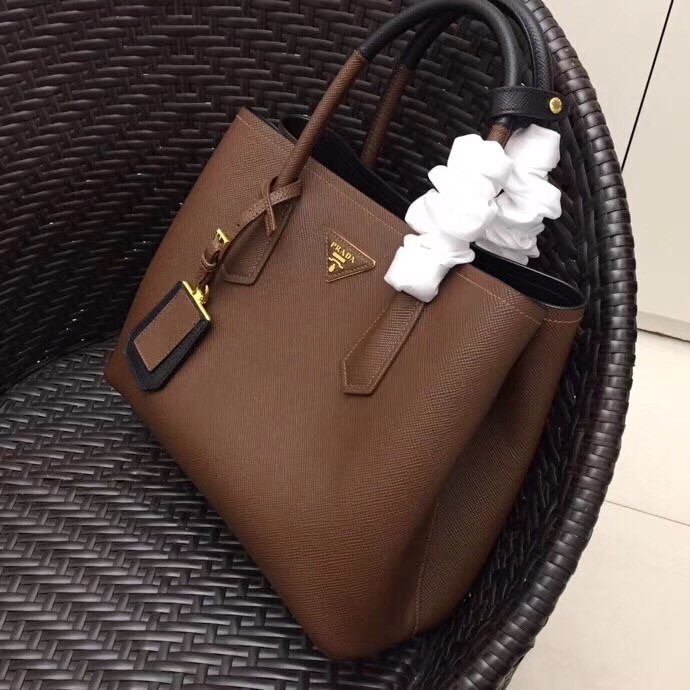 Pra*a bicolor double medium palisander saffiano bag