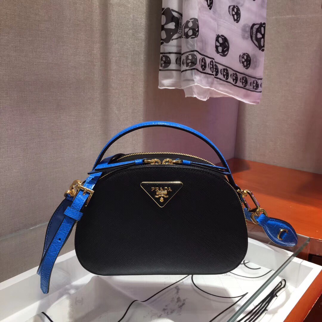 Pra*a odette black saffiano and blue crocodile bag