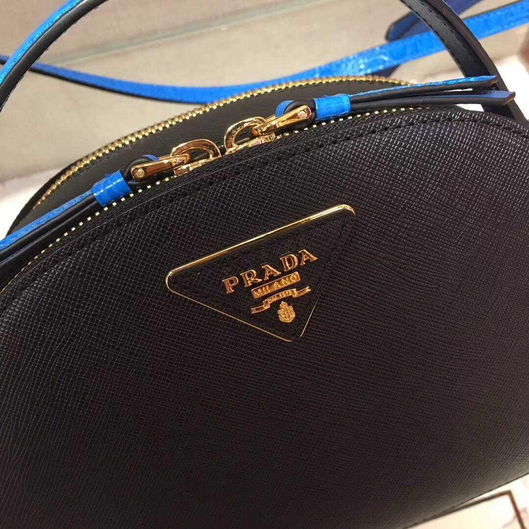 Pra*a odette black saffiano and blue crocodile bag