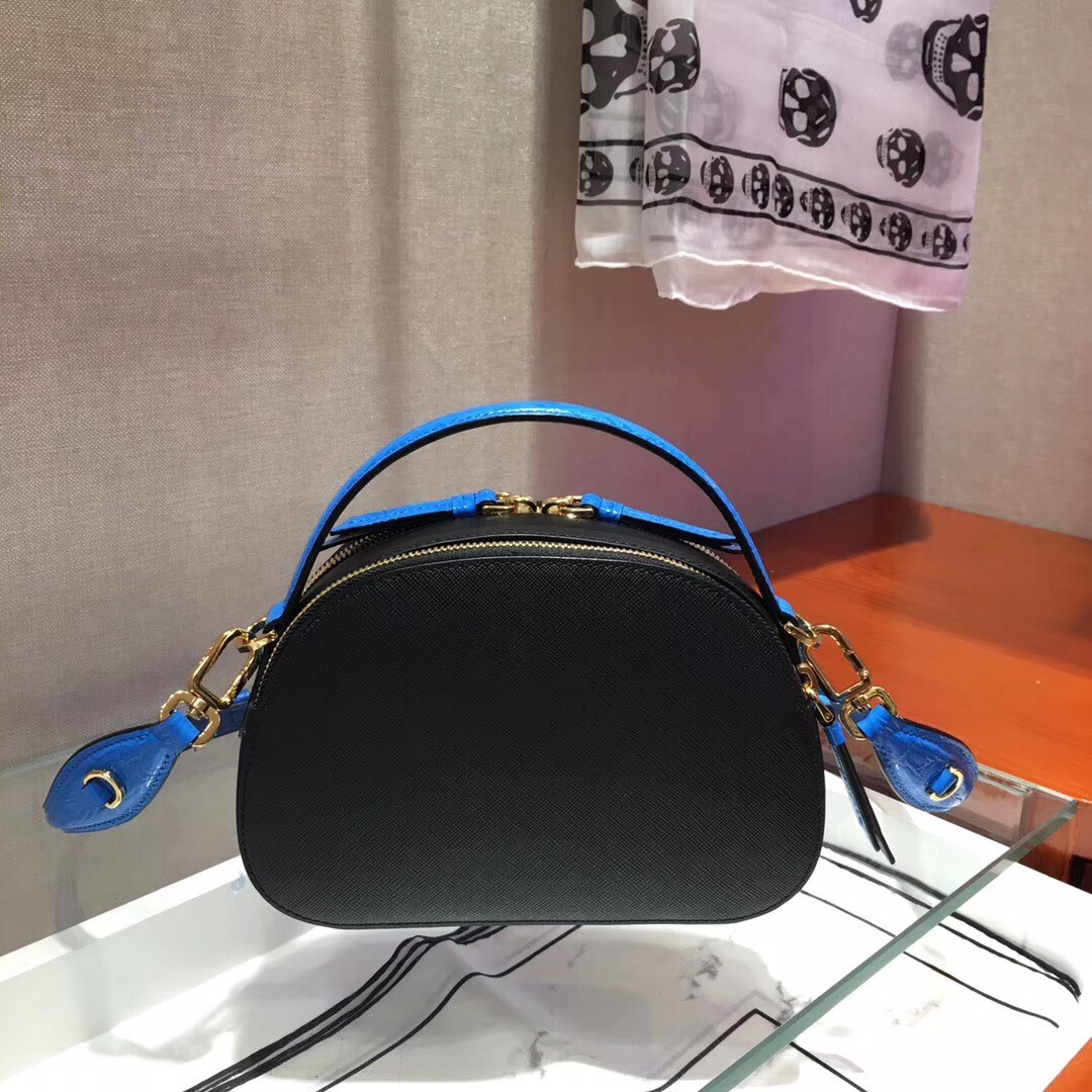 Pra*a odette black saffiano and blue crocodile bag