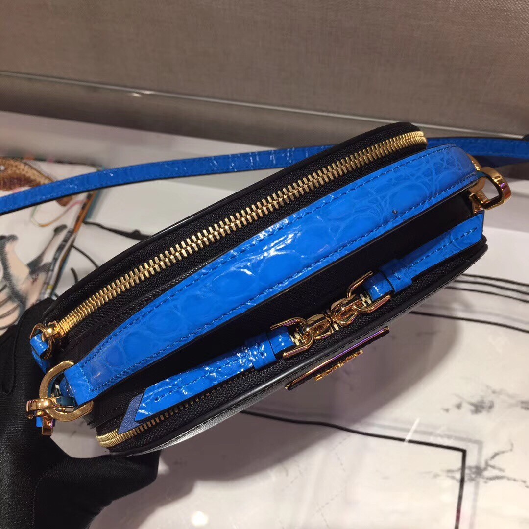 Pra*a odette black saffiano and blue crocodile bag