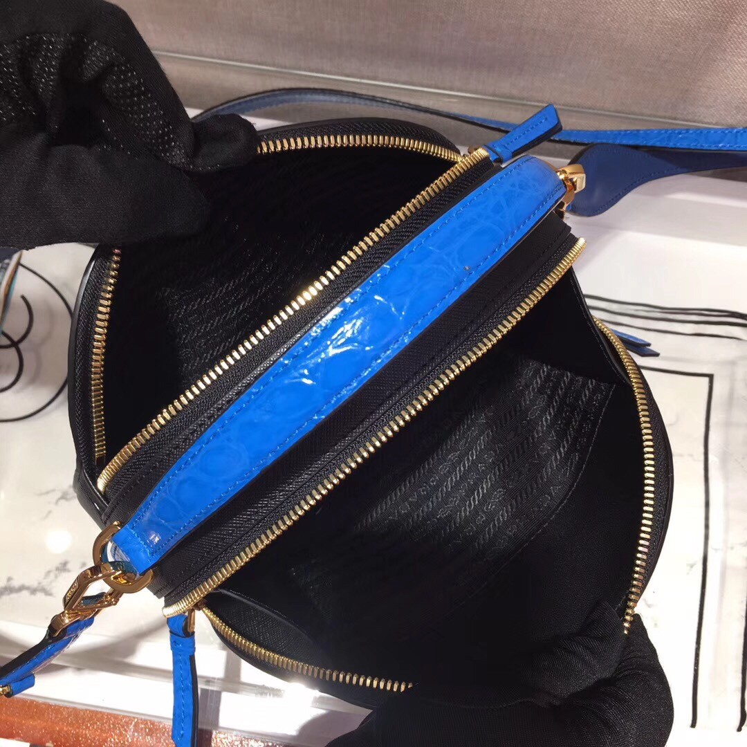 Pra*a odette black saffiano and blue crocodile bag