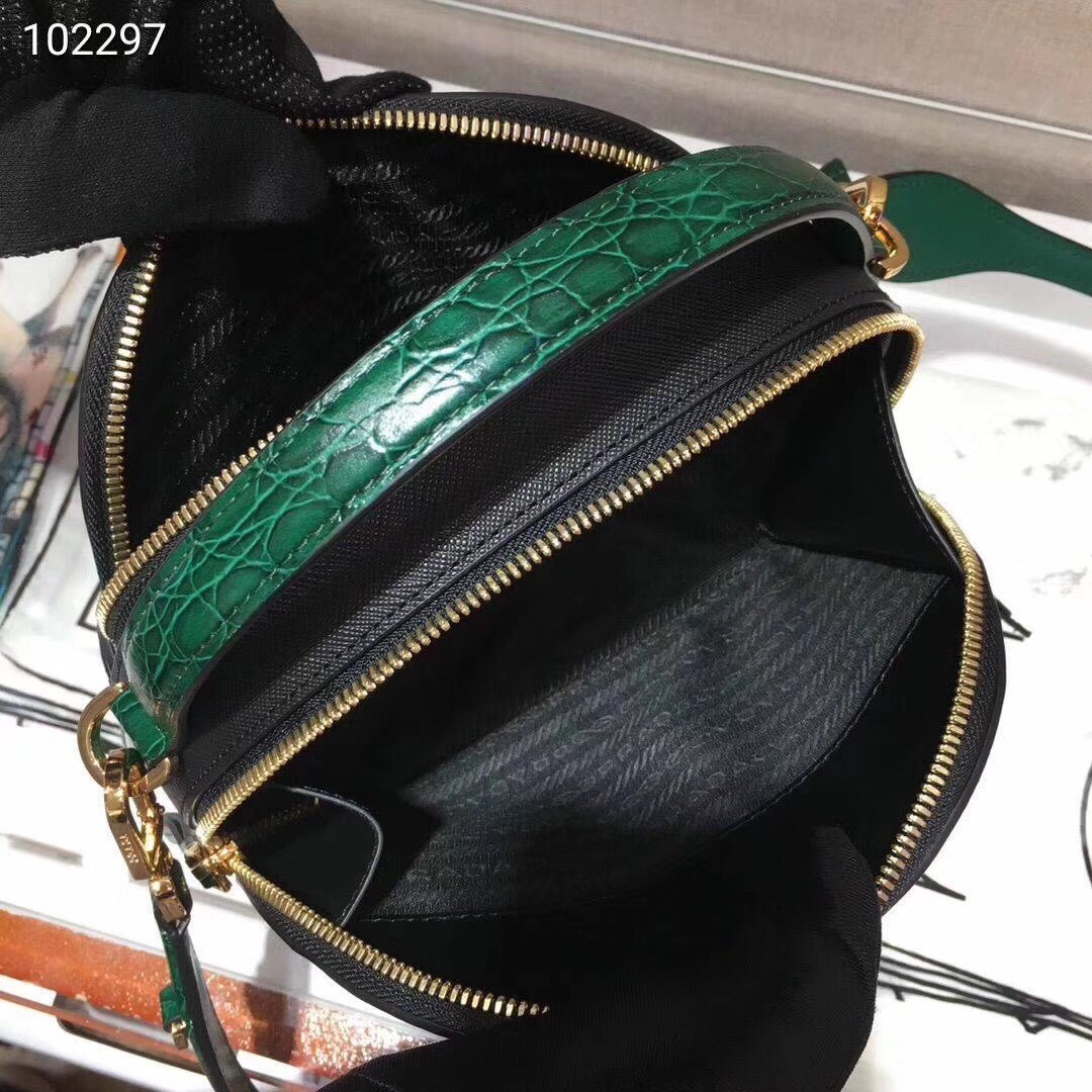 Pra*a odette black saffiano and green crocodile bag