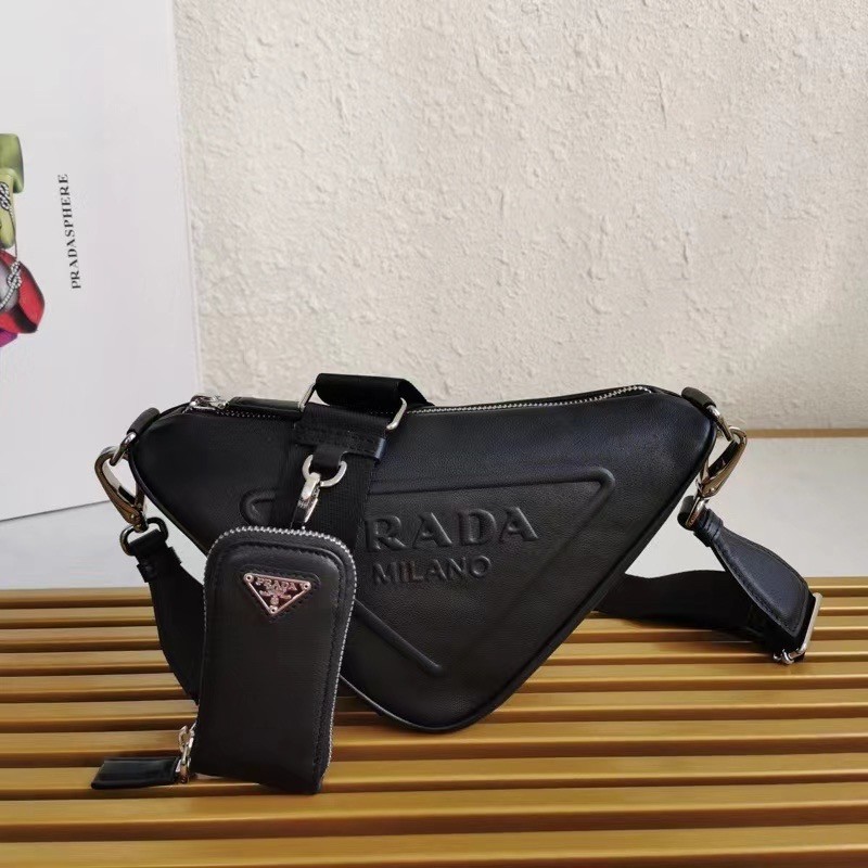 Pra*a triangle shoulder bag in black leather