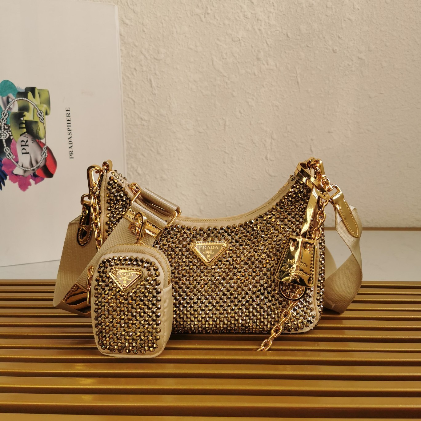 Pra*a re-edition 2005 bag in gold satin with crystal