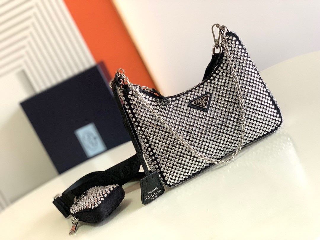 Pra*a re-edition 2005 bag in black satin with crystals