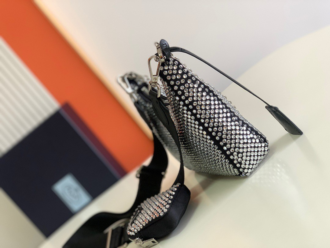 Pra*a re-edition 2005 bag in black satin with crystals