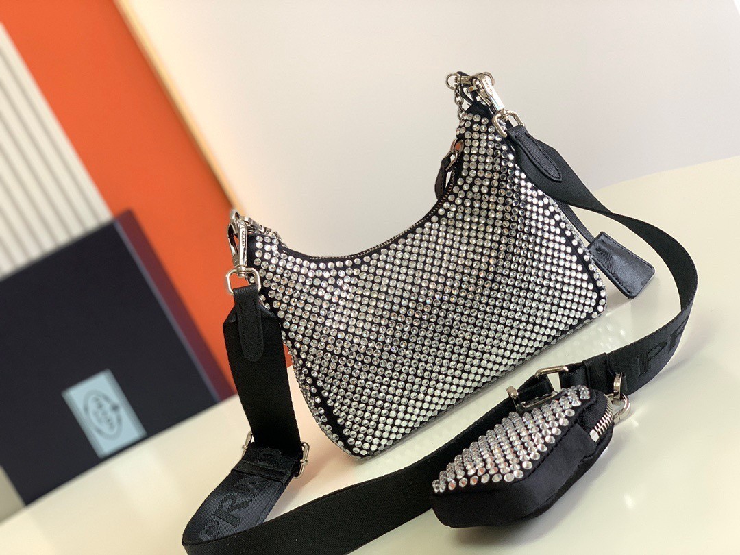 Pra*a re-edition 2005 bag in black satin with crystals