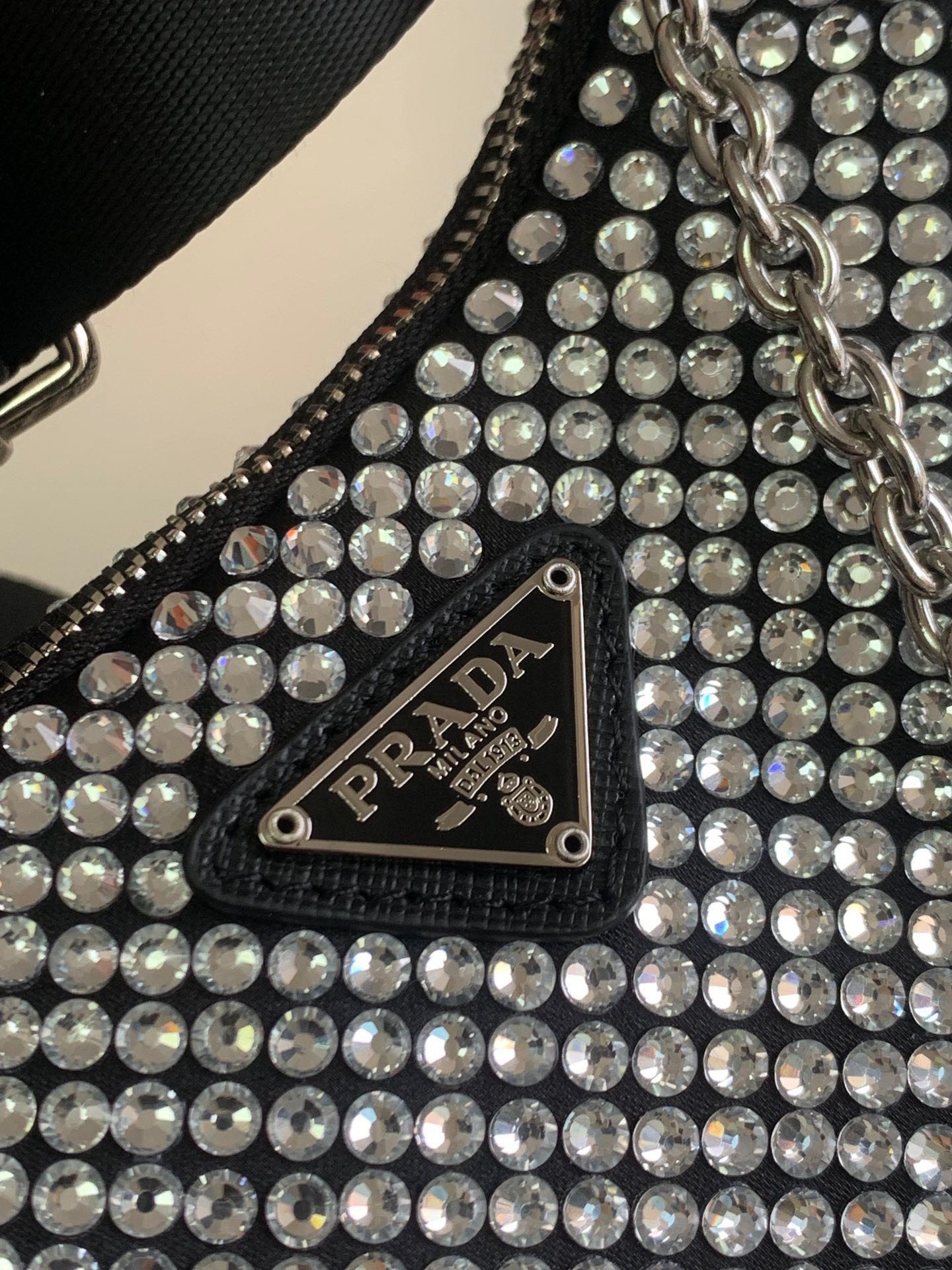 Pra*a re-edition 2005 bag in black satin with crystals