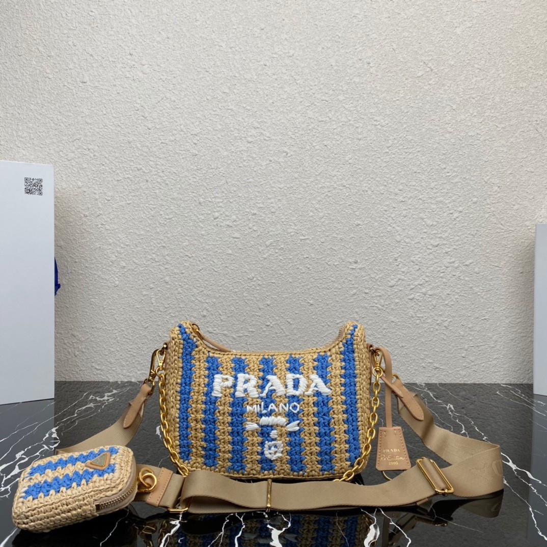Pra*a re-edition 2005 bag in beige and blue stripe raffia