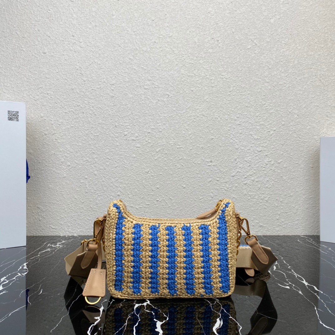 Pra*a re-edition 2005 bag in beige and blue stripe raffia