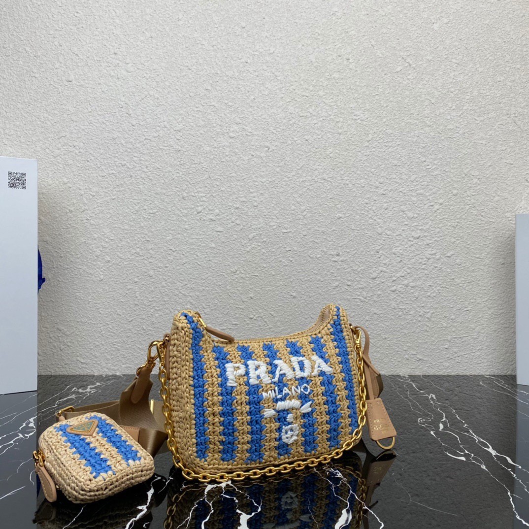Pra*a re-edition 2005 bag in beige and blue stripe raffia
