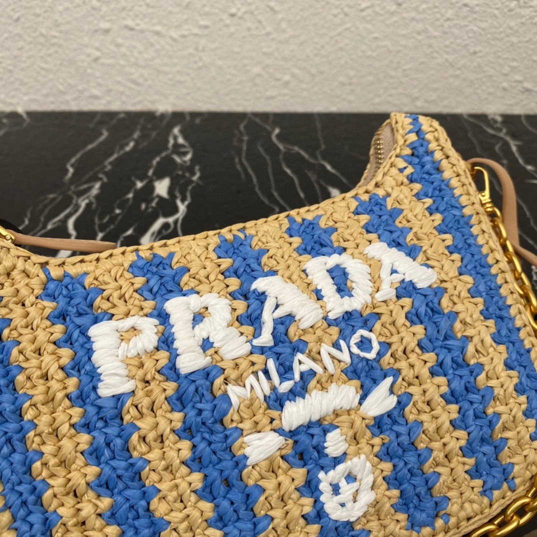 Pra*a re-edition 2005 bag in beige and blue stripe raffia