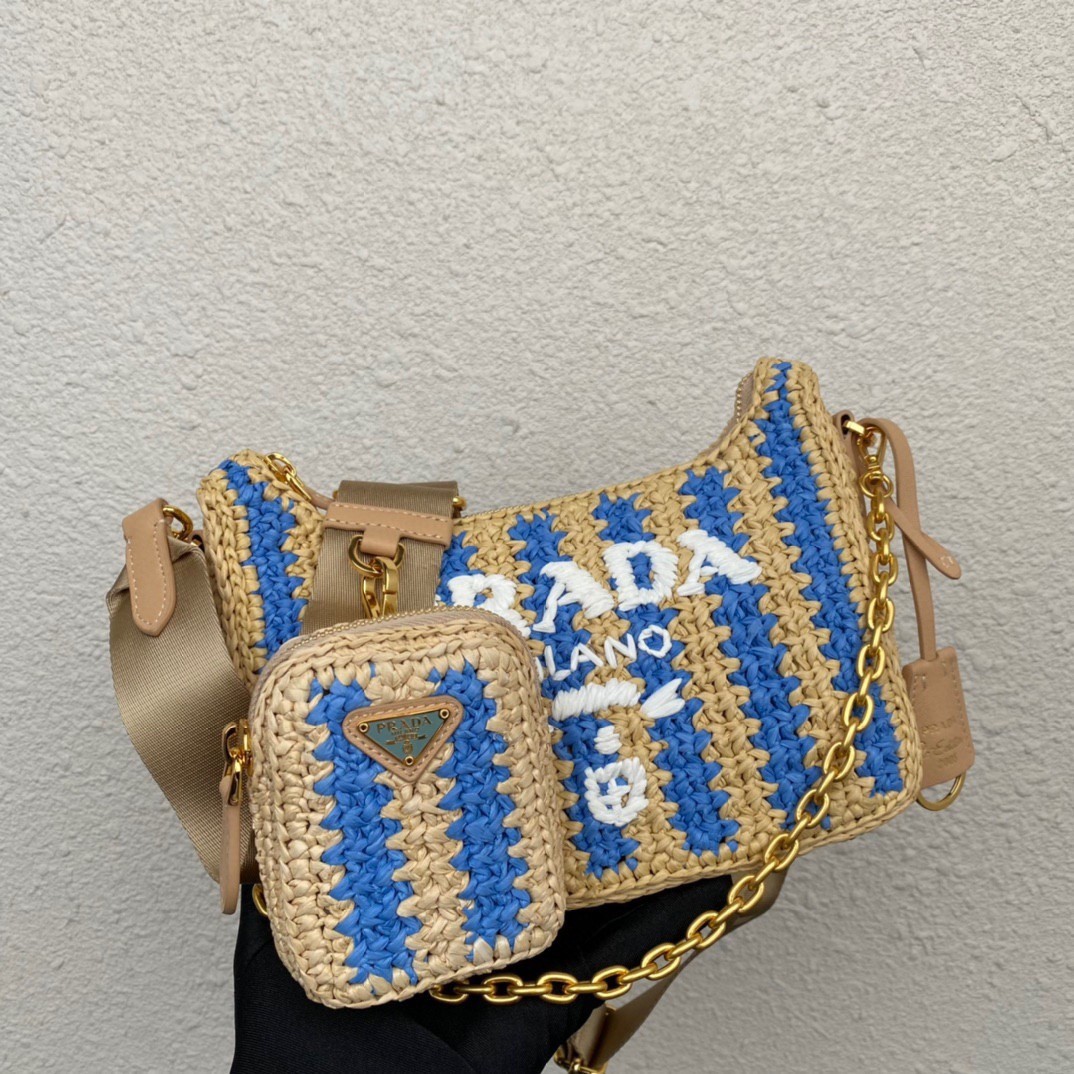 Pra*a re-edition 2005 bag in beige and blue stripe raffia