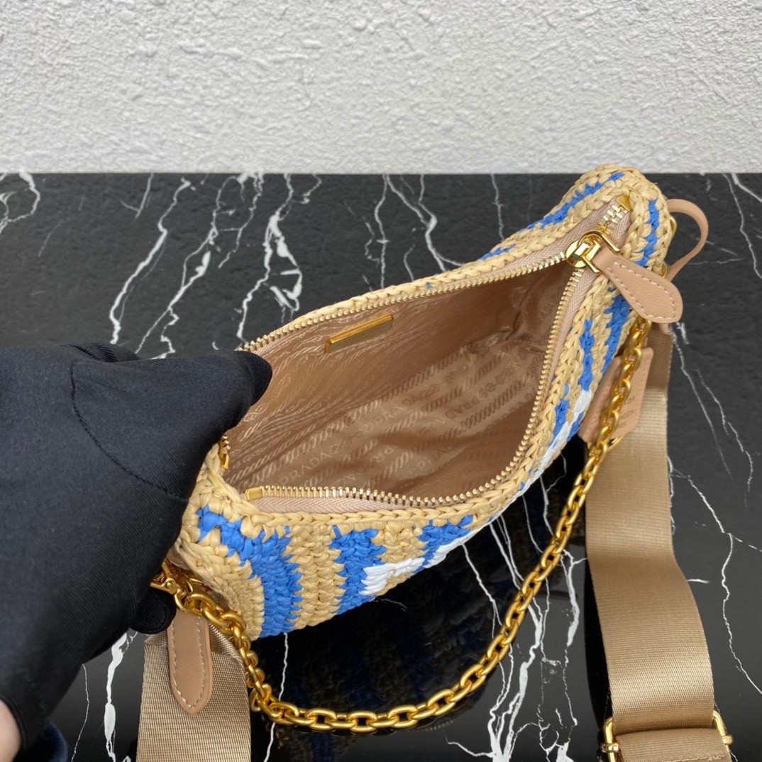 Pra*a re-edition 2005 bag in beige and blue stripe raffia