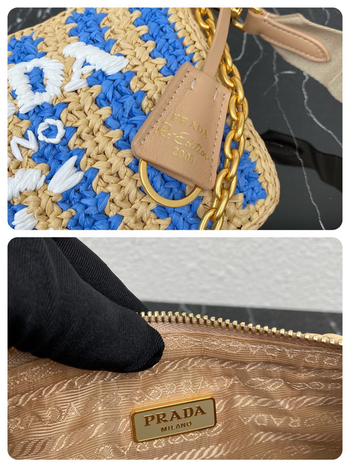 Pra*a re-edition 2005 bag in beige and blue stripe raffia