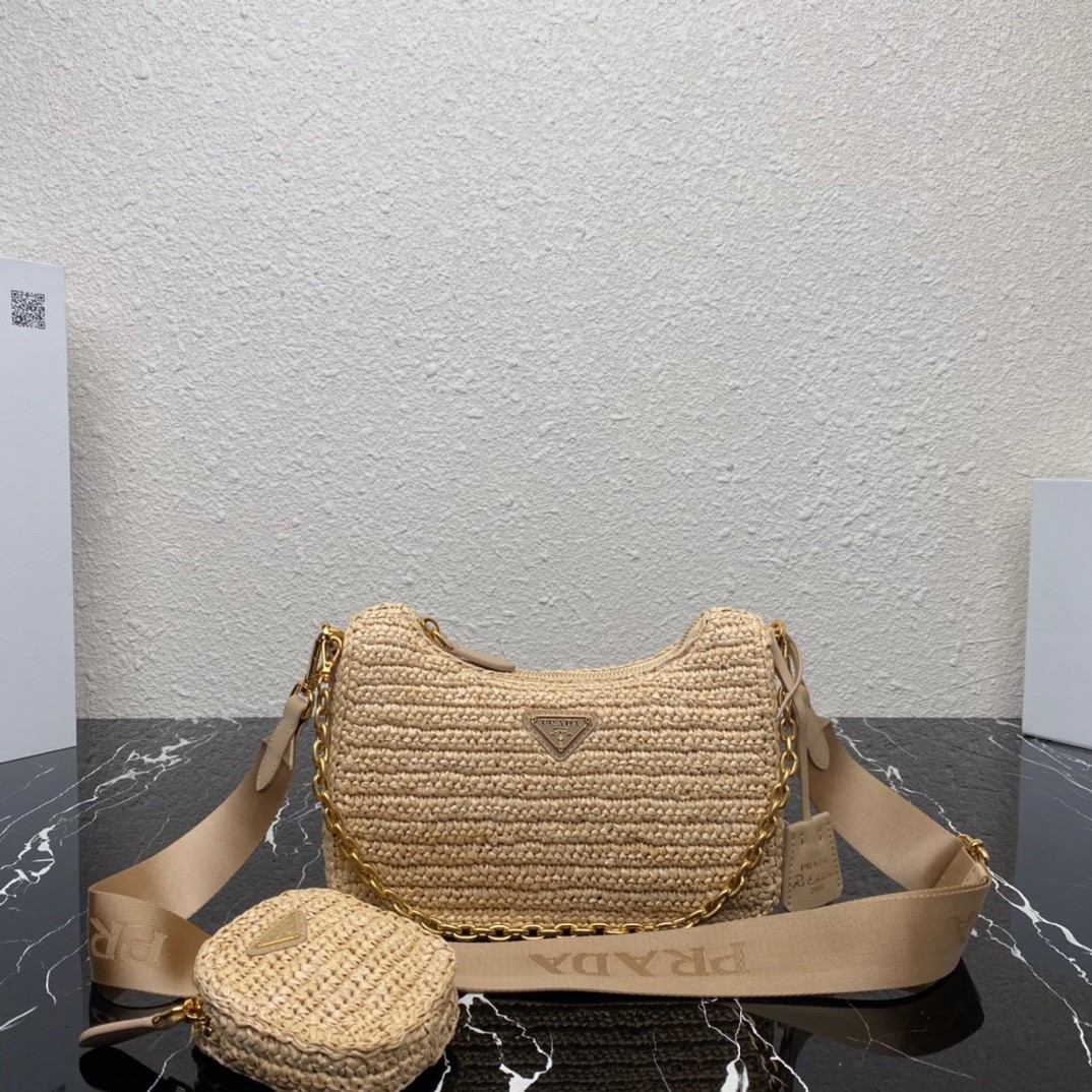 Pra*a re-edition 2005 shoulder bag in beige raffia