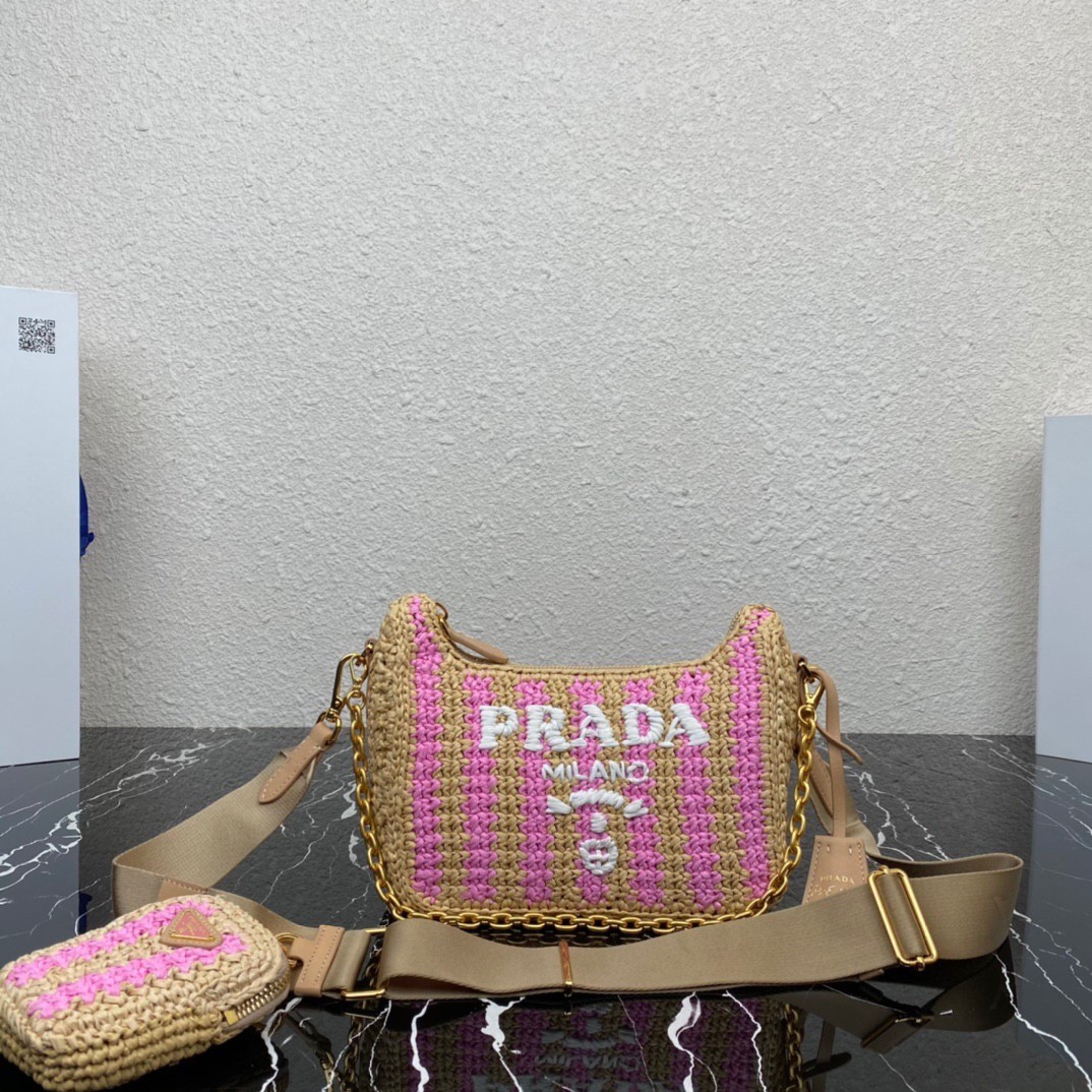 Pra*a re-edition 2005 bag in beige and pink stripe raffia