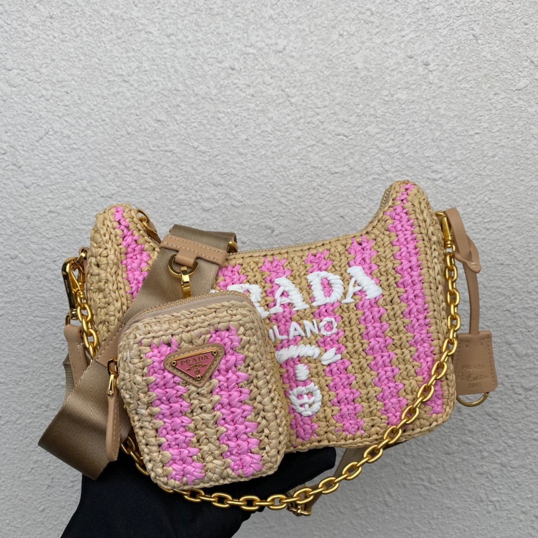 Pra*a re-edition 2005 bag in beige and pink stripe raffia