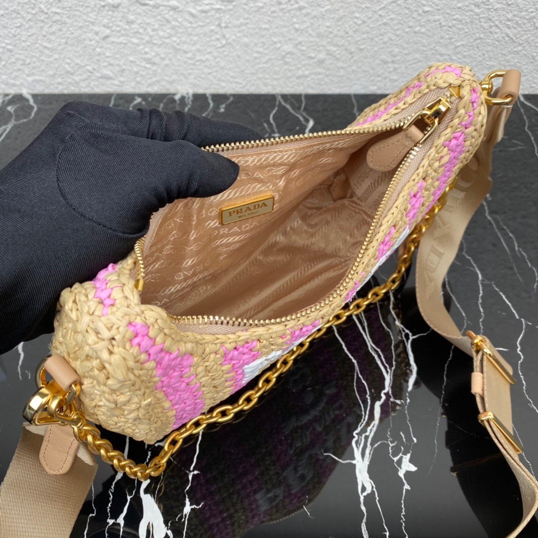 Pra*a re-edition 2005 bag in beige and pink stripe raffia